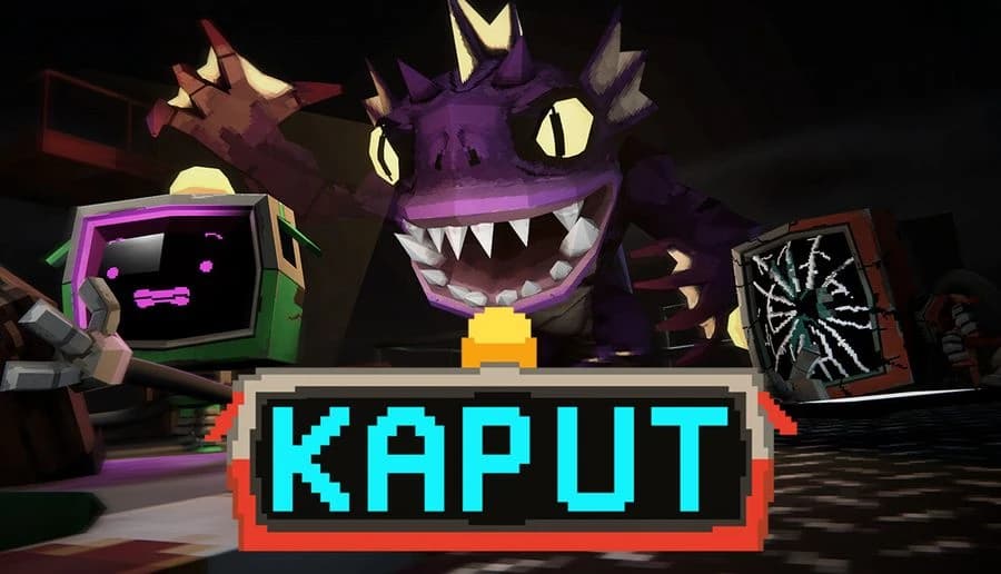 Kaput: purple monster baring fangs behind two broken CRT robots and neon game sign in a dark scrapyard.