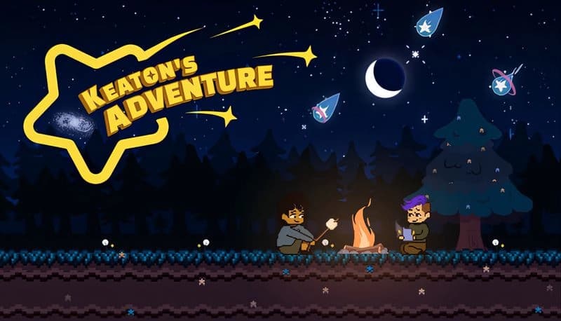 Keaton's Adventure: Two young people sit by a campfire in a starry forest, with shooting stars and crescent moon overhead.