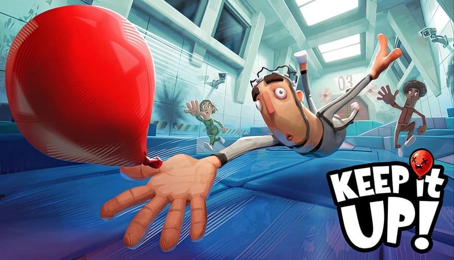 Keep It Up!: Man with goggles dives across a blue padded floor, reaching for a large red balloon in lab room.
