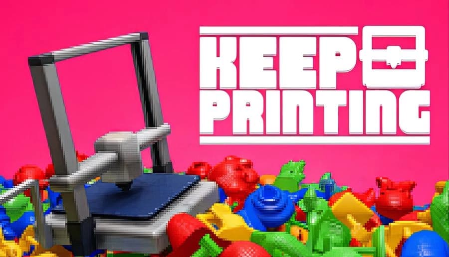 Keep Printing: 3D printer extruder above a pile of colorful plastic figurines and toy parts in a bright pink room.