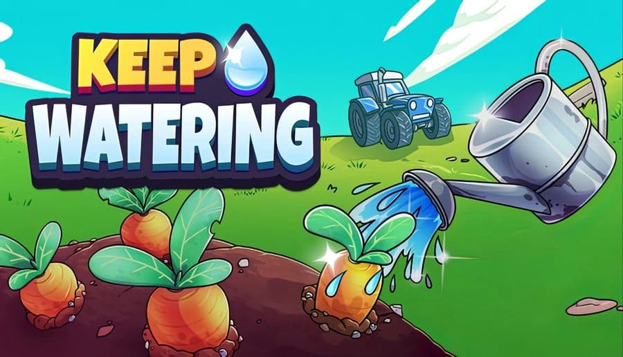 Keep Watering: watering can pours onto a sprouting carrot beside ripe carrots on a hill farm with a blue tractor.