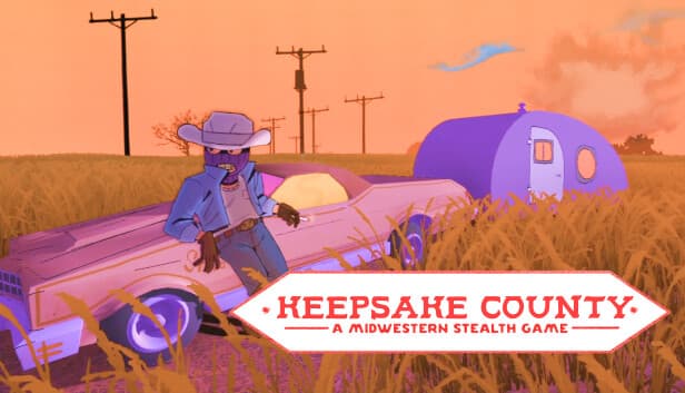 Keepsake County: Cowboy leans on vintage car beside purple trailer in tall grass under orange sky with power lines visible.