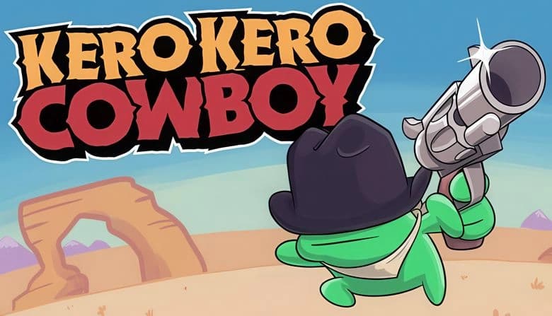 Kero Kero Cowboy: Green frog in cowboy hat aims large revolver in desert with arch rock and mountains under clear sky.