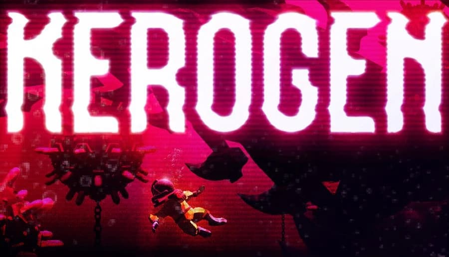 KEROGEN: Helmeted figure drifting underwater amid red haze and black tendrils beneath large glowing title letters.