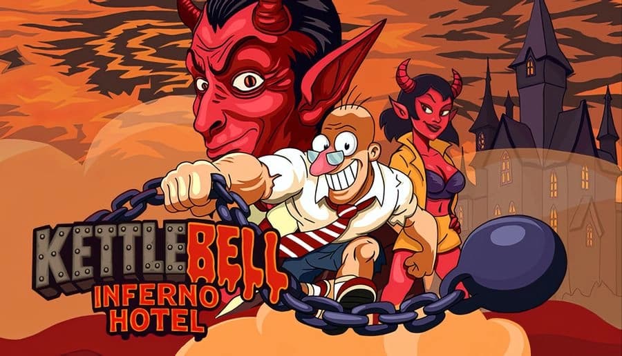 Kettlebell: Grinning muscular man swings chained kettlebell beside horned demon woman under fiery sky and castle.