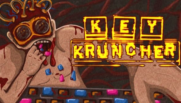 KEYKRUNCHER™: Hands with painted nails press colorful keys below a glowing keyboard title on a gritty red background.