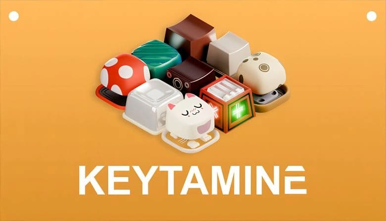 Colorful keycap collection on orange background, featuring a red mushroom cap, smiling cat, and various abstract designs.
