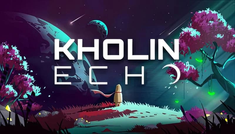 Kholin Echo: A hooded figure gazes at vivid alien trees and planetscape under a starry sky with shooting stars.
