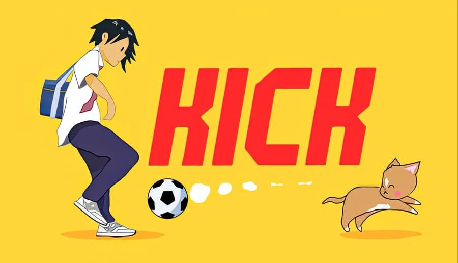 Kick: young woman in track pants dribbles a soccer ball as a small tan cat watches on yellow background.