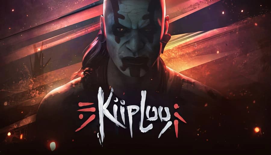 Kiipluu: Bald man with dark face paint stares forward under red light, smoky background with glowing embers.