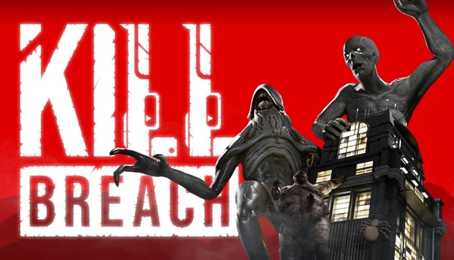 KILL BREACH: towering alien creature and two bald humanoids loom over a lit building against a red sky backdrop.