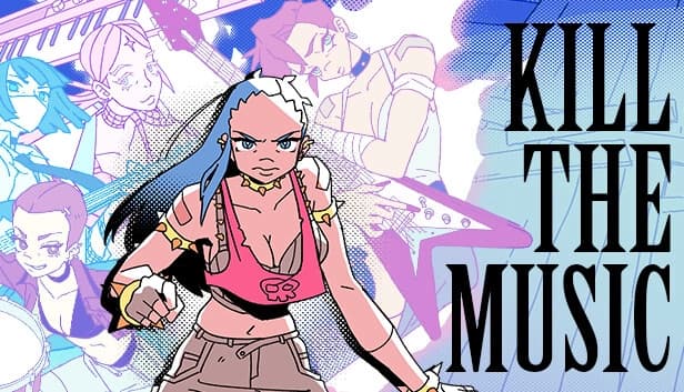 A young woman with blue hair, pink top, and punk jewelry stands confidently among bandmates playing instruments.