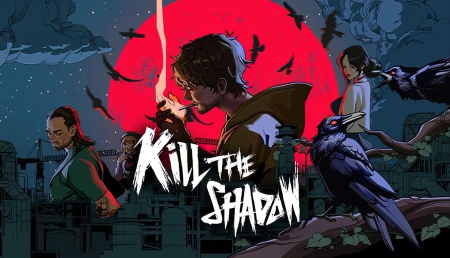 Kill The Shadow: Black crows perch on branches as a blood-red moon rises over an industrial cityscape filled with cranes.
