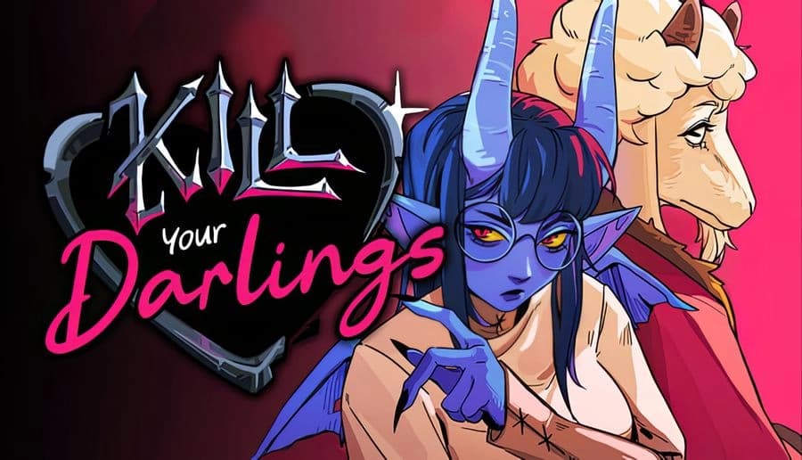 Kill Your Darlings: Blue-skinned horned woman and blond man stand back-to-back against a dark heart emblem backdrop.