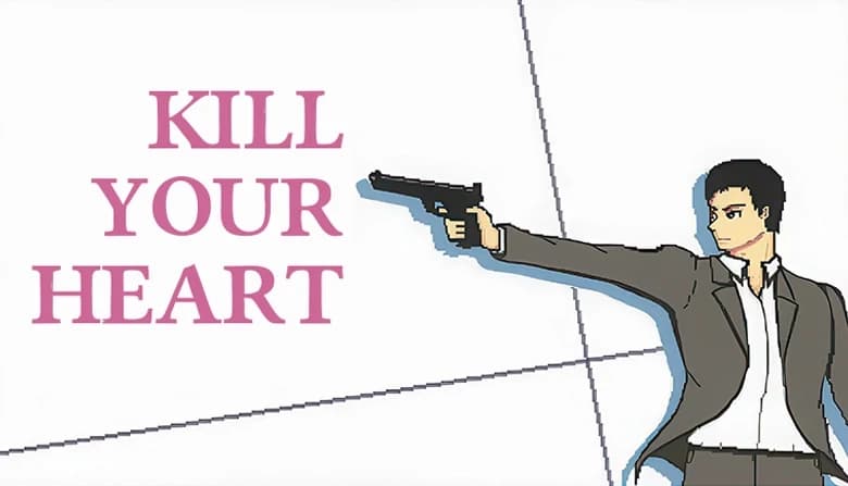 A young man in a gray suit aims a pistol to the right, standing confidently. The background features intersecting lines.
