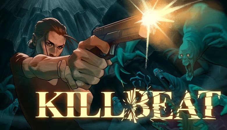 A man with long hair in a brown v-neck shirt fires a handgun while surrounded by glowing, ghostly creatures with sharp teeth.