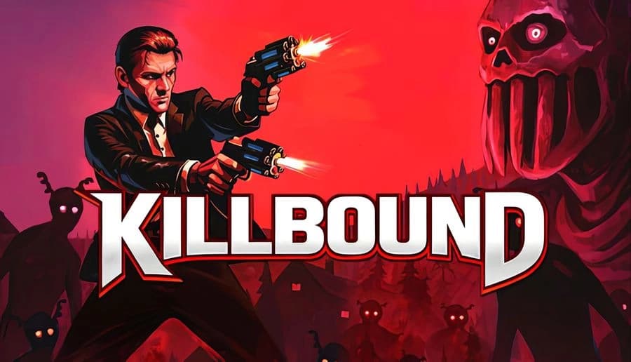 KILLBOUND: suited man fires two pistols at giant skull monster across a red sky and jagged dark landscape.