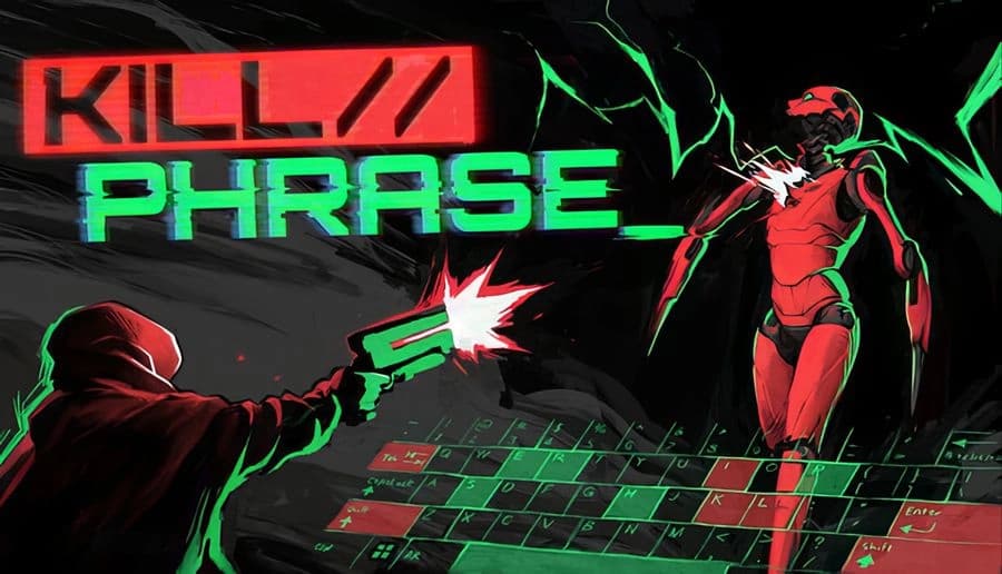 KILLPHRASE: Hooded person aims a pistol at a red robot amid jagged green shards and a glowing keyboard grid backdrop.