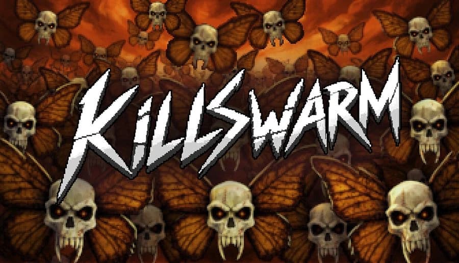 KILLSWARM: Swarm of skull-faced moths with glowing eyes filling the frame orange, smoky background in chaos.