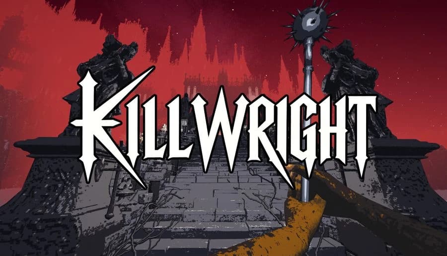 Killwright: First-person view aiming a spiked mace up stone steps toward a dark castle flanked by hooded statues.