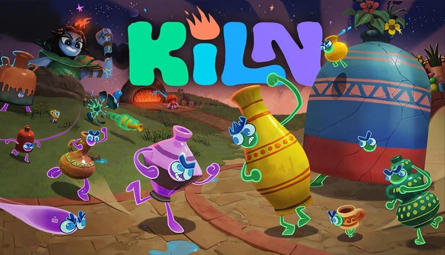 Kiln: Colorful spirits in pottery armor brawl energetically on a vibrant landscape with kilns and night sky backdrop.