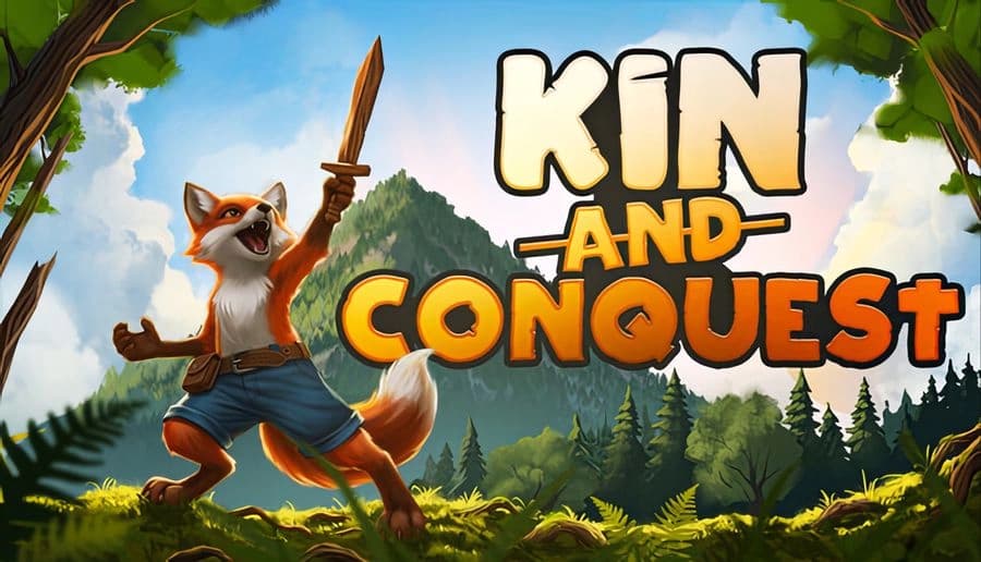 Kin and Conquest: sword-wielding fox adventurer stands in forest clearing with distant green mountain and sky.