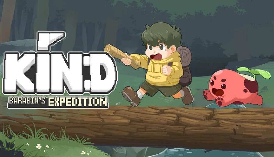 KIN: Boy adventurer with backpack leaps over fallen log, chased by red bean creature in dark forest clearing.