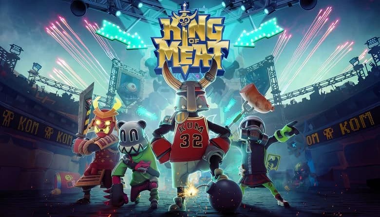 Four colorful characters in vibrant outfits, with helmets and masks, stand confidently in an arena, surrounded by fireworks.