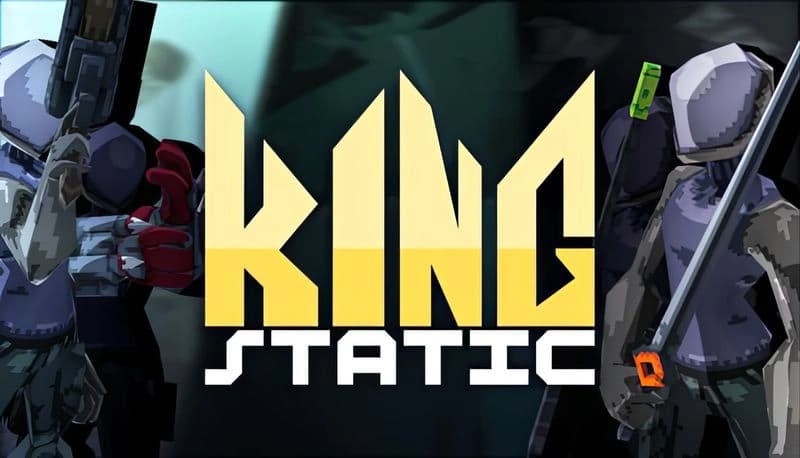 King Static: Two armored soldiers wield futuristic weapons in a dark, digital realm, highlighting a sci-fi combat setting.