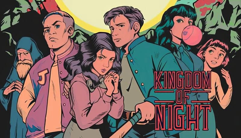 Kingdom of Night: Diverse group stands united in front of mountains under full moon, each displaying distinct expressions.