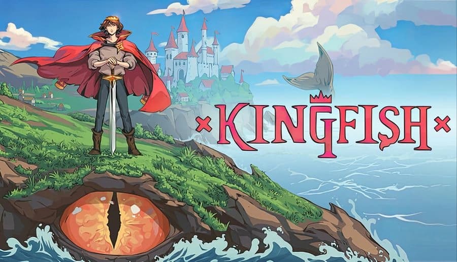 KingFish: crowned man in red cape stands on rocky island with giant fish eye, distant castle above ocean bay.