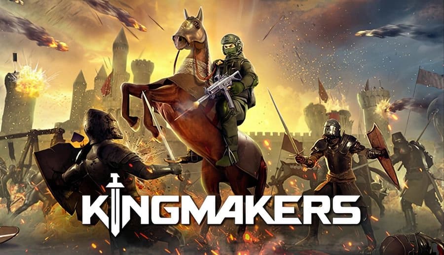 Kingmakers: modern soldier riding a horse with rifle as medieval knights fight amid burning castle walls and arrows.