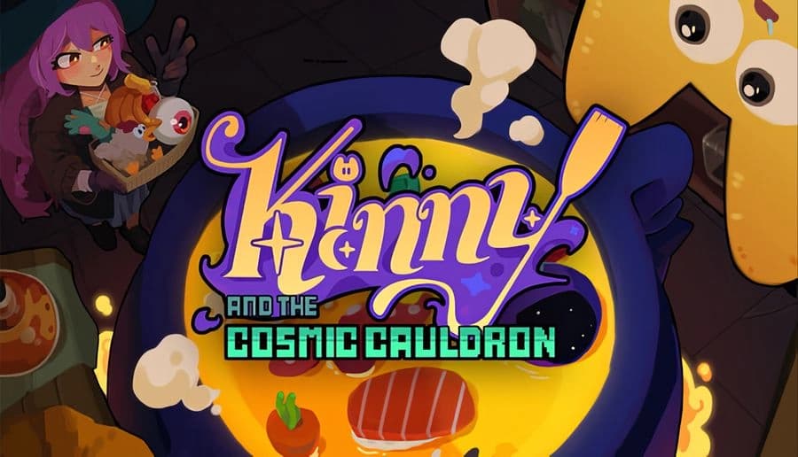 Kinny and the Cosmic Cauldron: pink-haired young witch smiles beside title lettering in a dark kitchen scene.