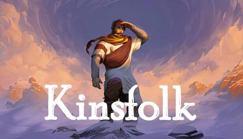 Kinsfolk: Bearded man in tunic and scarf stands on snowy terrain, shielding eyes from sun, with mountains in backdrop.