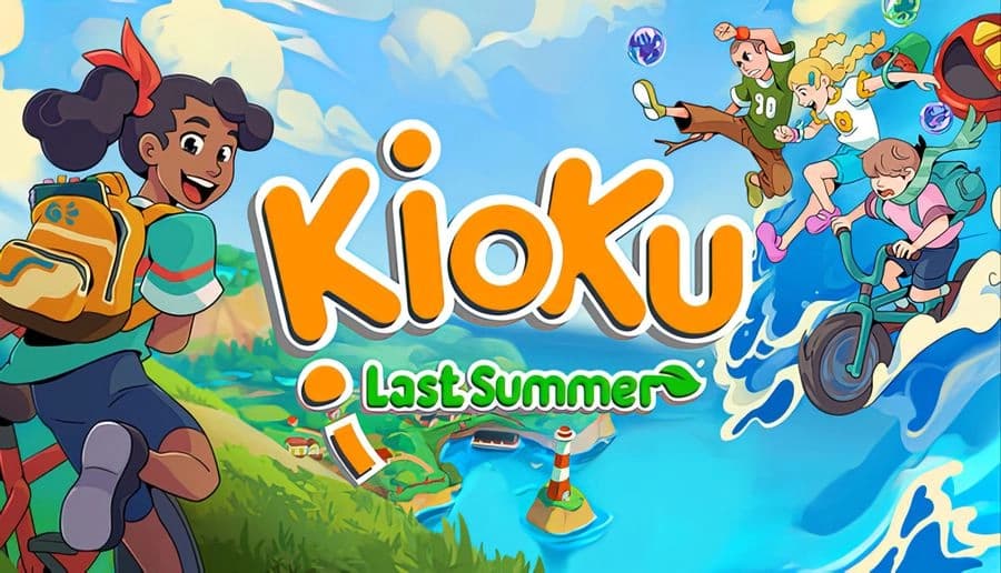 Kioku: Smiling young girl with backpack waves as kids splash in ocean beside boats and a sea monster on sunny coast.