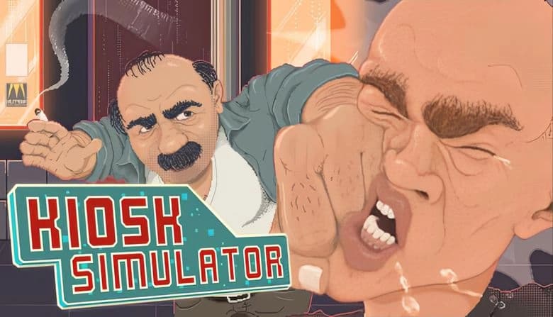 Kiosk Simulator: Bald man punched by older man holding cigarette in urban kiosk setting with neon lights in background.