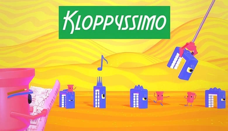 A pink cylindrical figure with a blueprint faces purple structures, music notes, and other dancing pink figures in a desert.