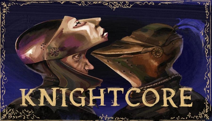 KNIGHTCORE: two armored knights grapple, helmeted faces pressed together in a close-up against dark backdrop.