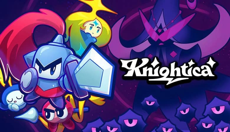 Knightica: Armored knight leads colorful allies against purple one-eyed foes and horned demon, with swirling galaxy backdrop.