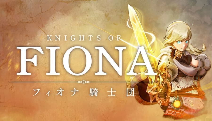 Knights of Fiona: Blonde woman in armor grips a glowing golden sword, with two allies behind on tan backdrop.