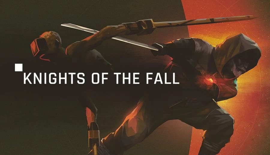 KNIGHTS OF THE FALL: armored sword fighter clashes with hooded swordsman in orange-lit smoky industrial scene.