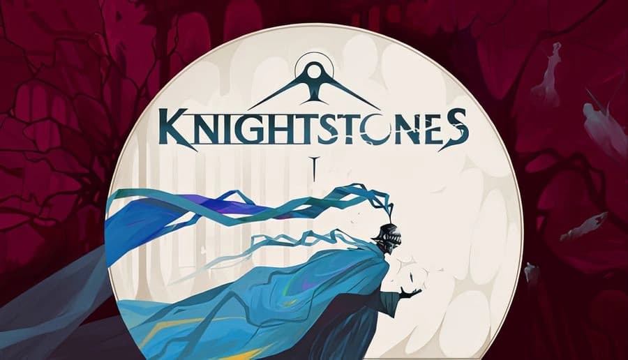 Knightstones: hooded skeleton holding a blue flagpole before a pale full moon on a dark red background.