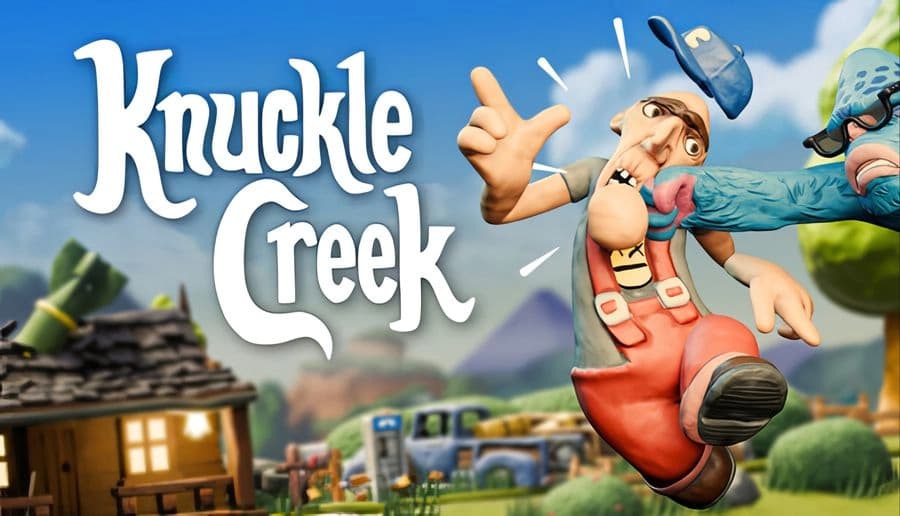 Knuckle Creek: mustached man in red overalls stumbles as blue-masked fighter punches him, town skyline behind.