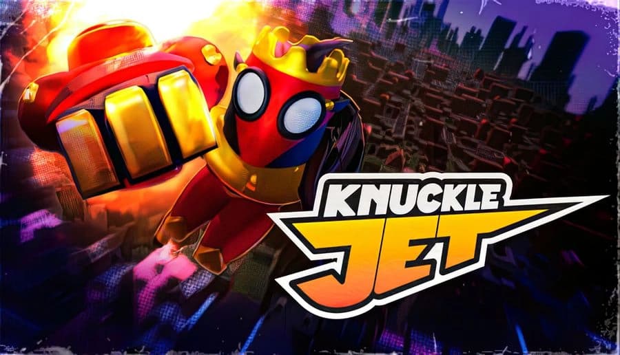 Knuckle Jet: red masked hero with crown and oversized golden gauntlet punches toward viewer over purple city skyline.