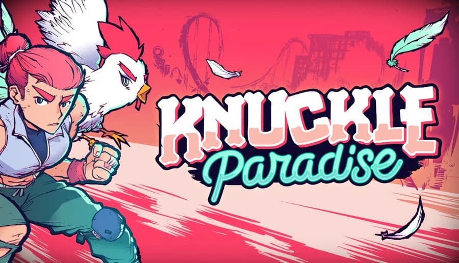 Knuckle Paradise ®: Pink-haired woman boxer runs with fist raised beside white chicken on red street backdrop.