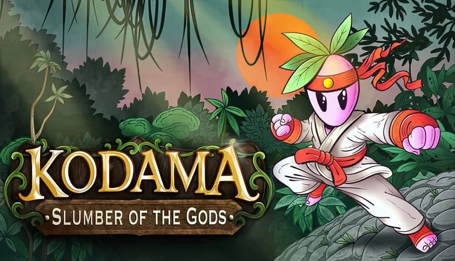 Kodama: Masked ninja in white suit leaps with fists raised amid jungle vines, rocks, and orange sunset sky.