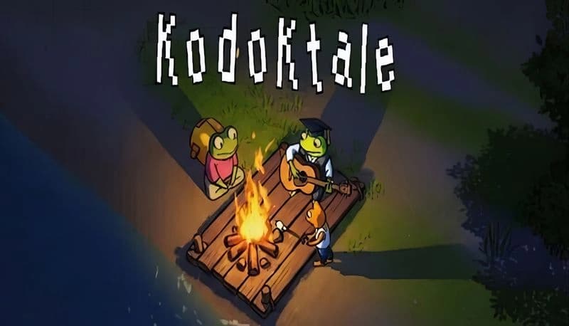 Kodoktale Demo: Two frog characters and a young child sit around a campfire on a wooden platform near water at night.
