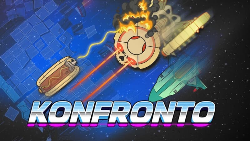 A hotdog spaceship fires yellow lasers at a skull-themed enemy ship, accompanied by a green ship.