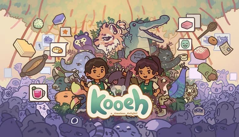 Two young children, a boy and a girl, surrounded by cartoon animals and kitchen items in a vibrant, crowded forest setting.