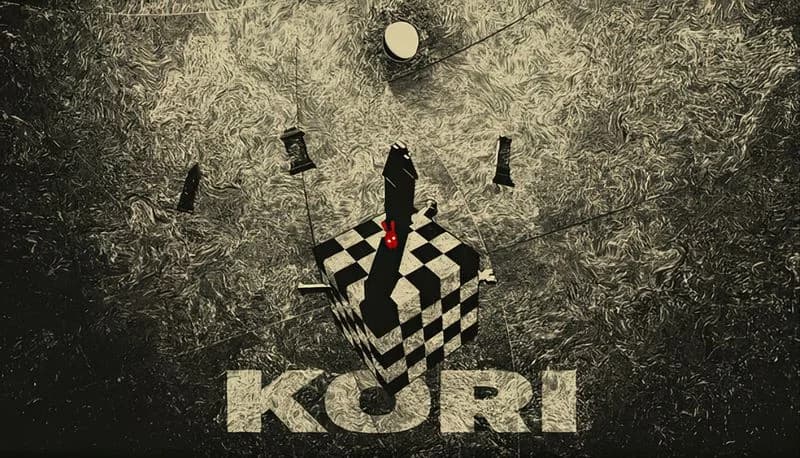 KORI: A shadowed chess piece on a checkered cube floats amid swirling patterns, creating an abstract, enigmatic scene.